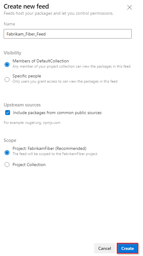 Screenshot that shows selections for creating a new feed in Azure DevOps 2022.