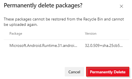A screenshot showing a confirmation message before you delete a package permanently.