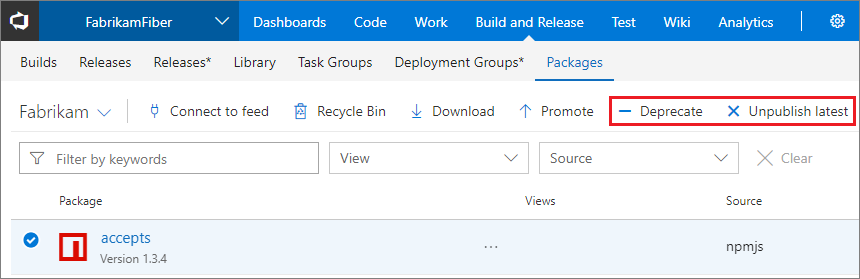 Screenshot that shows the buttons for deprecating and unpublishing in Team Foundation Server.
