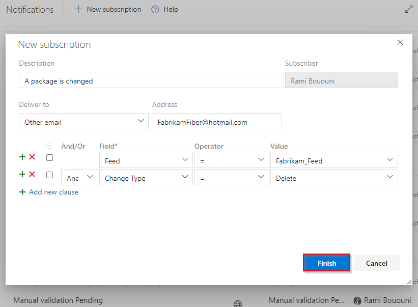 A screenshot showing how to set up a new notification subscription and add filters.