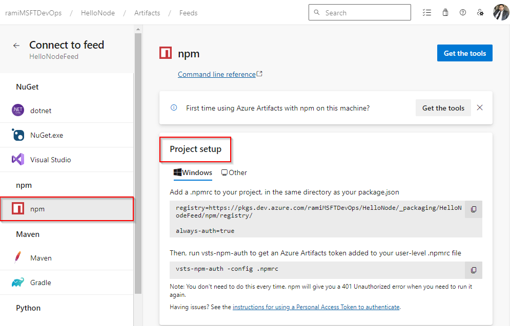 A screenshot that shows how to set up an npm project and connect to an Azure Artifacts feed in Azure DevOps Services.