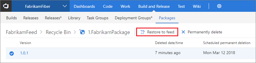 Screenshot that shows the button for restoring to feed in Team Foundation Server.