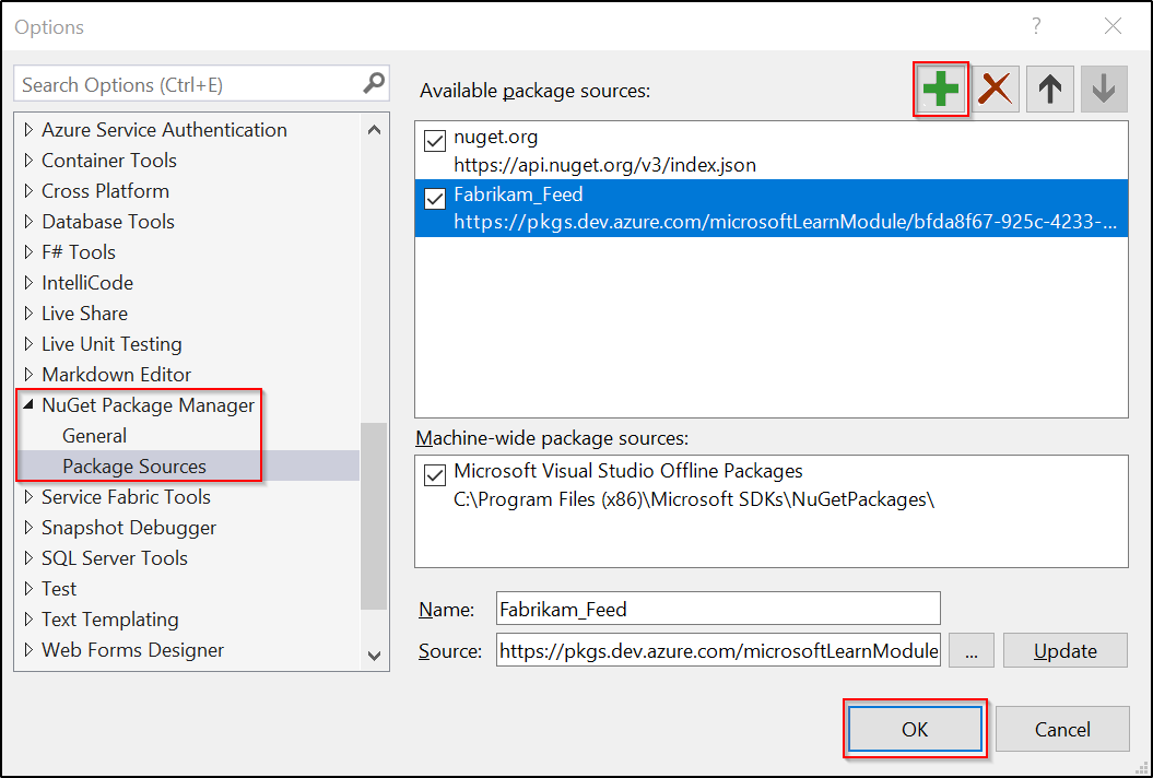 Screenshot showing how to add a new package source in Visual Studio - Windows