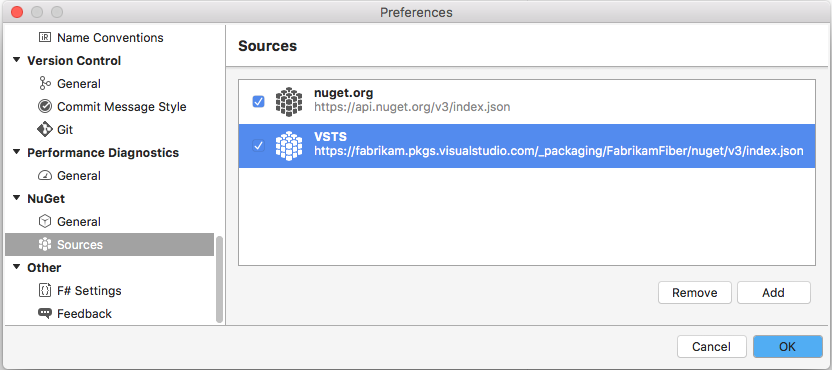 A screenshot showing how to add a new package source in Visual Studio - macOS.
