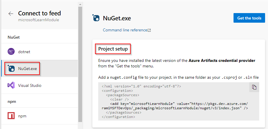 A screenshot showing how to connect to NuGet feeds.