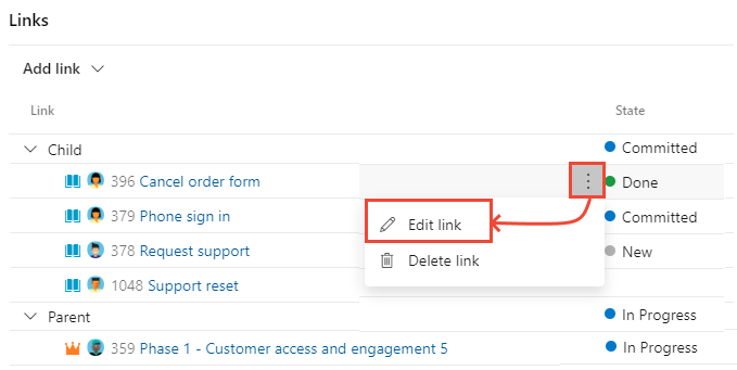 Screenshot of Links tab, open More actions, choose Edit link option.
