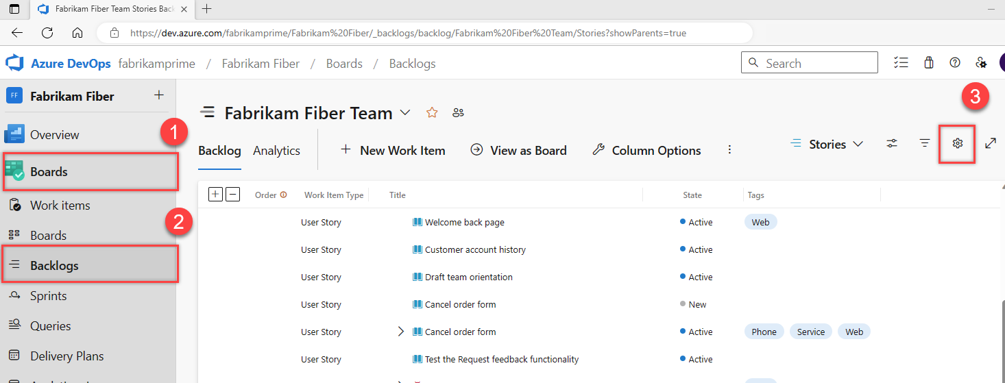 Screenshot of selection process, Boards, Backlogs, and then Configure team settings.