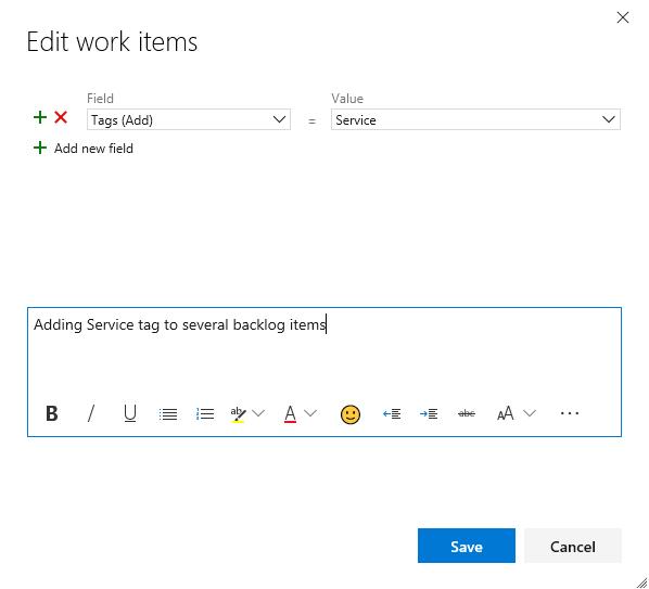Screenshot of Edit work items dialog, Add tags.