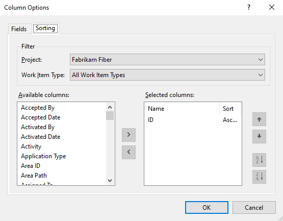 Column Options dialog, Visual Studio, Sorting tab.