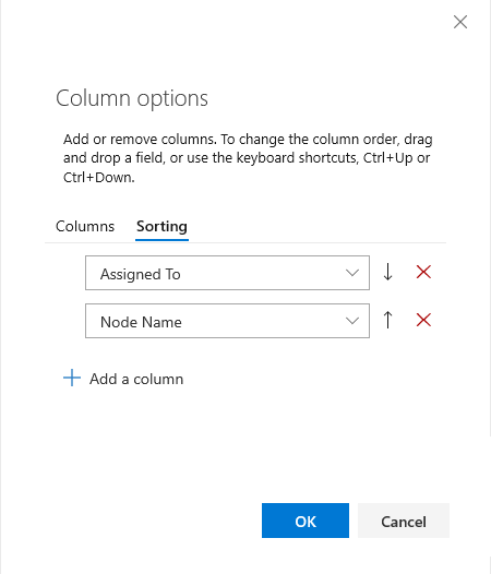 Column options, Sorting page dialog