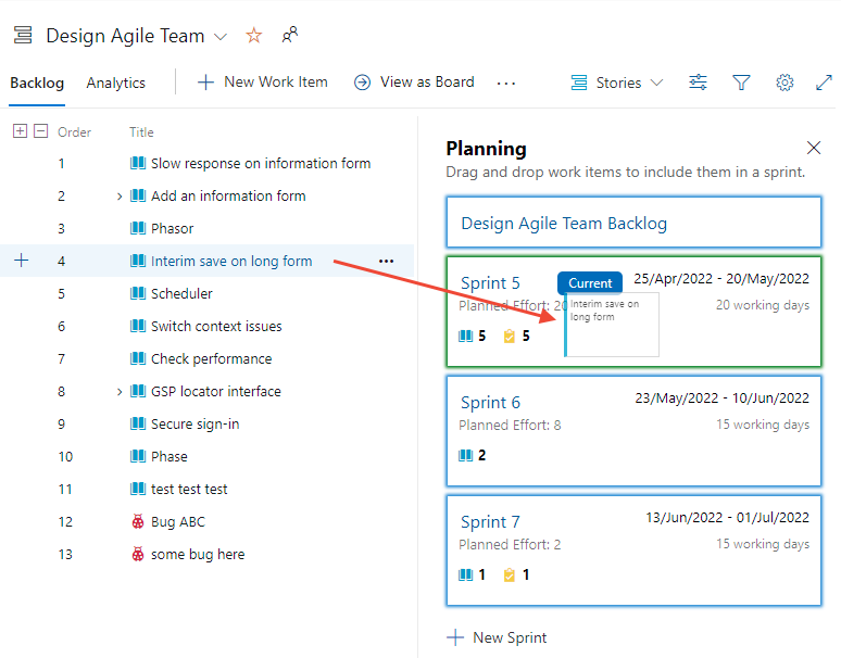 Screenshot showing drag of a backlog item to a Planning pane sprint.
