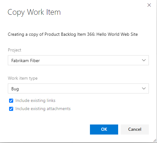 Copy work item dialog