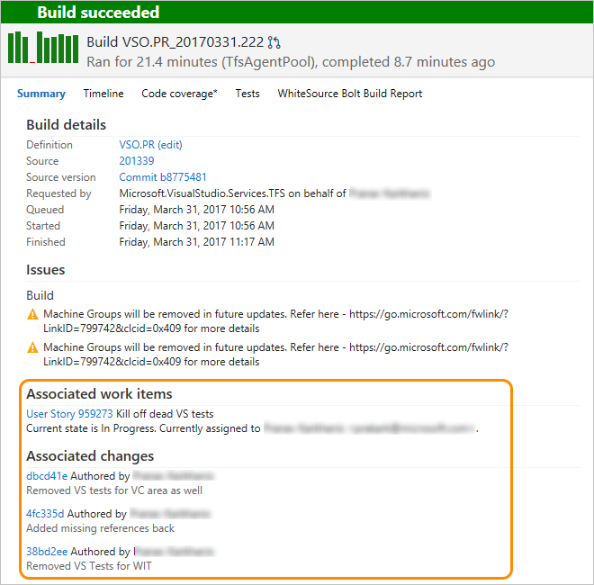 Linked work items listed under Associated work items in the build summary page.