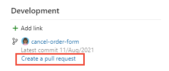 Screenshot of Development control, Create pull request link.