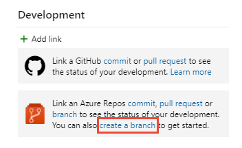 Screenshot of Development control, Create branch link.