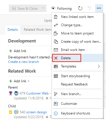 Screenshot of work item form, Actions menu, Delete option, TFS 2018 version.
