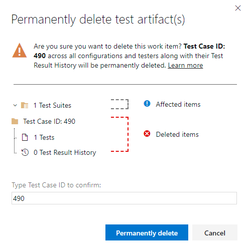 Confirm delete of test artifacts dialog.