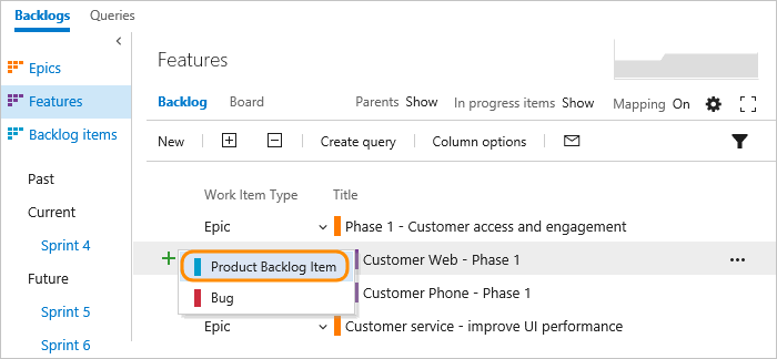 Screenshot of how to add a child item to a backlog work item, TFS 2018.