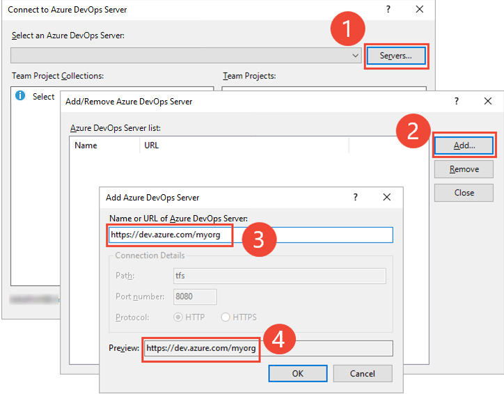 Connect to Azure DevOps Server sub-dialogs to add or remove a server.