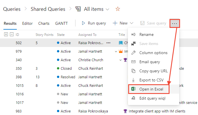 Screenshot of Query Results, context menu, Open in Excel Open Boards Queries.