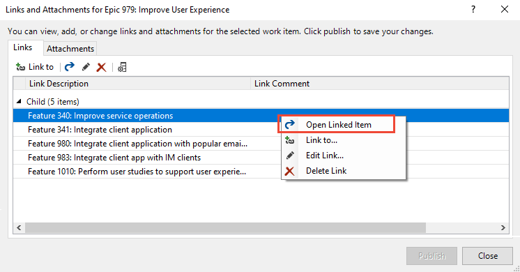 Screenshot of Links and Attachments dialog, Links tab, Open Linked Work Item.