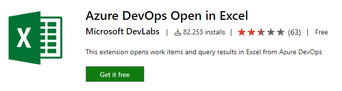Screenshot of Azure DevOps Open in Excel extension.