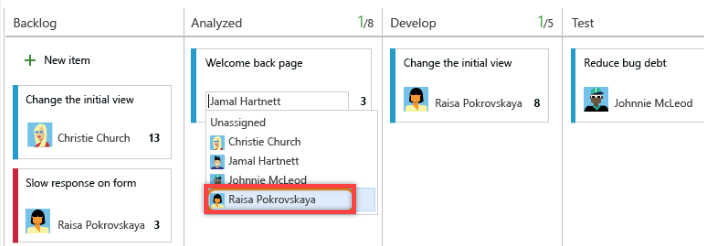 Screenshot that shows assigning an item from a Kanban board.