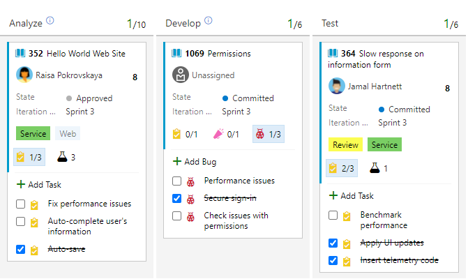 Screenshot of product-level Kanban board with three work items showing child lists