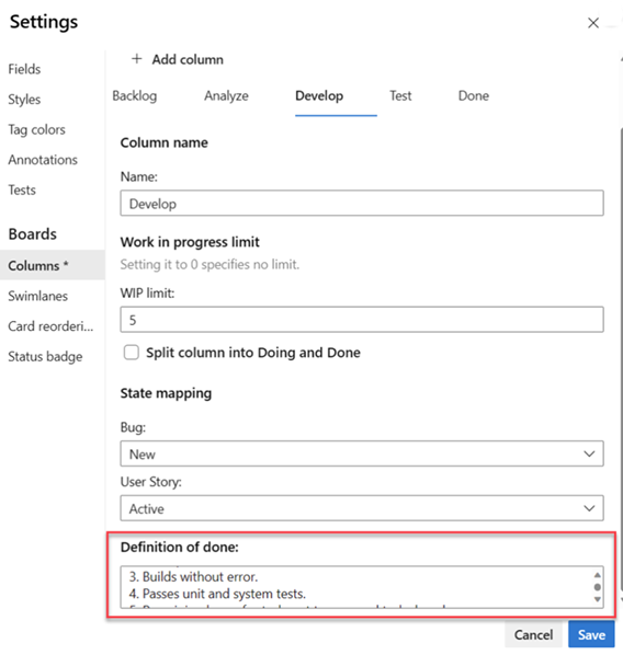 Screenshot showing the columns management screen, entering plain text for Definition of Done.