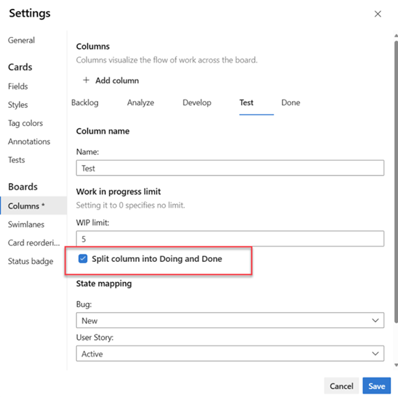 Screenshot of Kanban board settings page, Split columns.