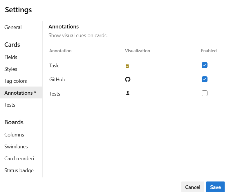 On the settings page, the Annotations tab is selected and four Annotation types, all enabled, are listed. They are: Task, Bug, GitHub, and Tests.