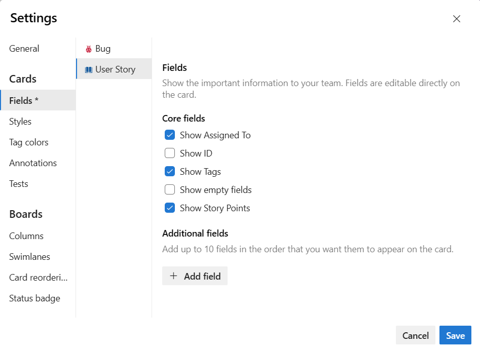 Screenshot showing Settings,Fields, User Story tab (Agile process).