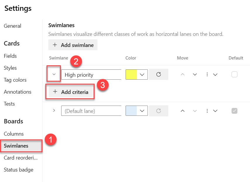 Screenshot showing sequence of buttons to select to add a swimlane rule.