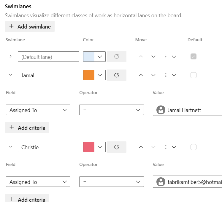 Screenshot showing rule criteria for swimlane, by Assigned To field.