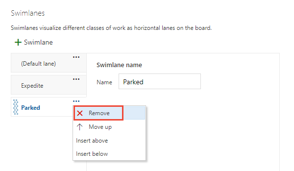 Kanban board settings dialog, Remove a swimlane