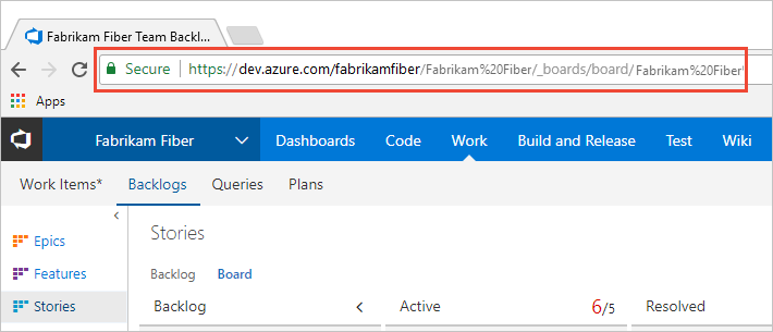 Screenshot showing highlighted URL for the Kanban board.