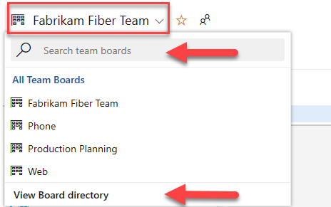 Screenshot of select another team's board, on-premises versions.