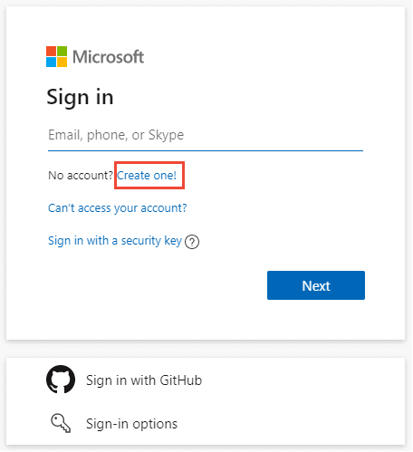 Sign up dialog with Microsoft account.