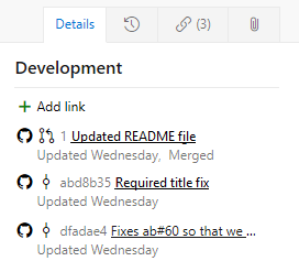 Screenshot of work item form, Development section shows GitHub links.