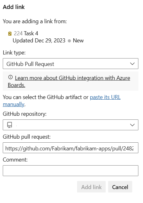 Screenshot of work item form, Links tab, Add link dialog, GitHub pull request link type selected.