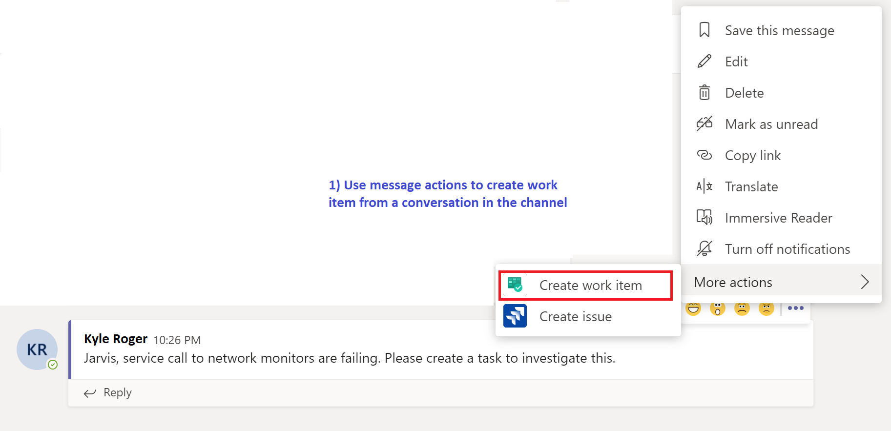 Create work item using message action