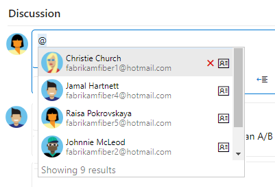 Screenshot of Discussion section, at-mention drop-down menu people-picker.