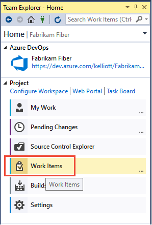 Screenshot of Team Explorer home page, choose Work Items.