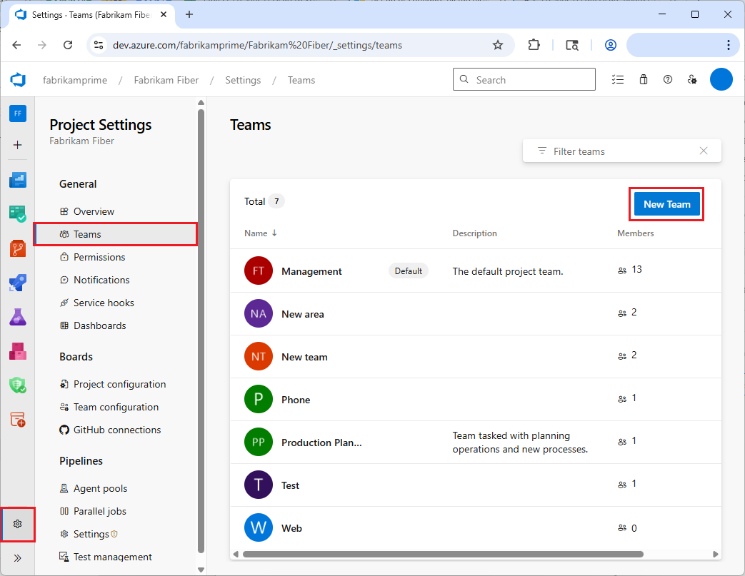 Screenshot that shows Project settings, Teams, New Team.