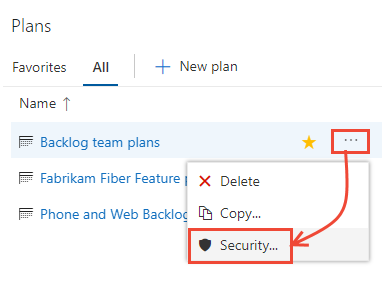 Screenshot showing the Security button for plan permissions, highlighted by a red box.