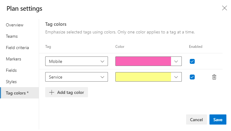 Dialog for Plans settings, Tags tab, add tags, and set color.