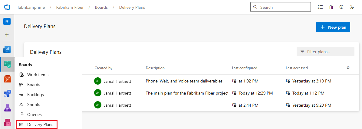 Screenshot showing how to Open Boards and Delivery Plans.