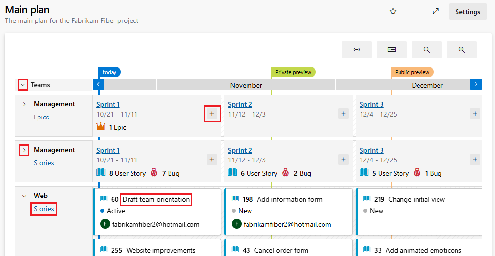 Screenshot that shows Delivery Plans with callouts and collapsed teams.