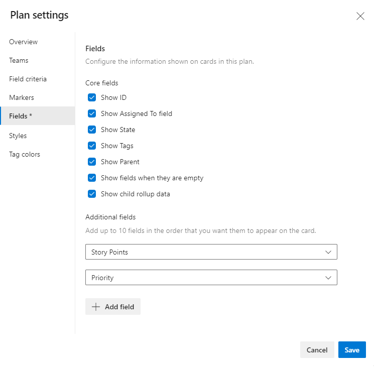 Screenshot showing Dialog for Plan settings, Fields tab.