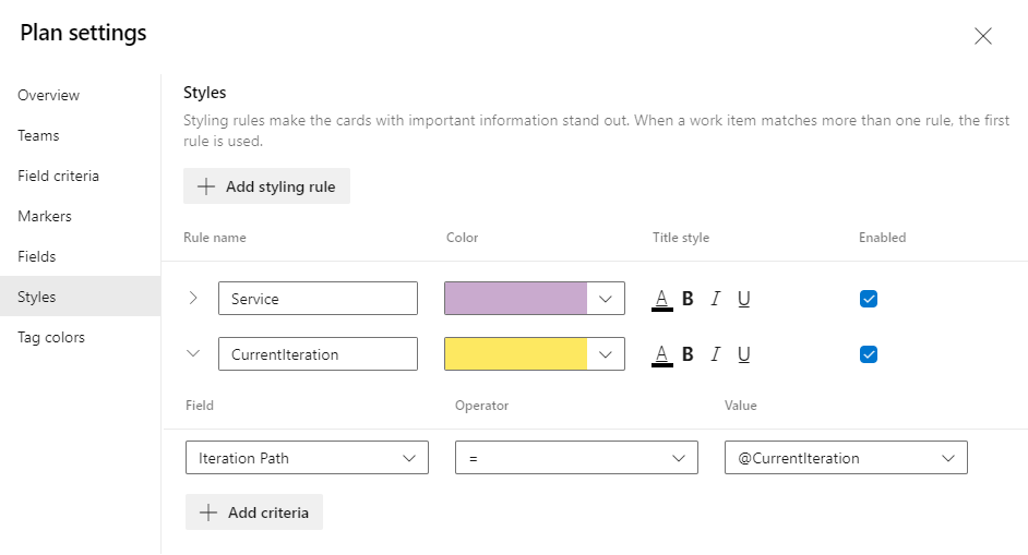 Screenshot of Dialog for Plans settings, Styles tab, set style using the current iteration macro for the Iteration Path.